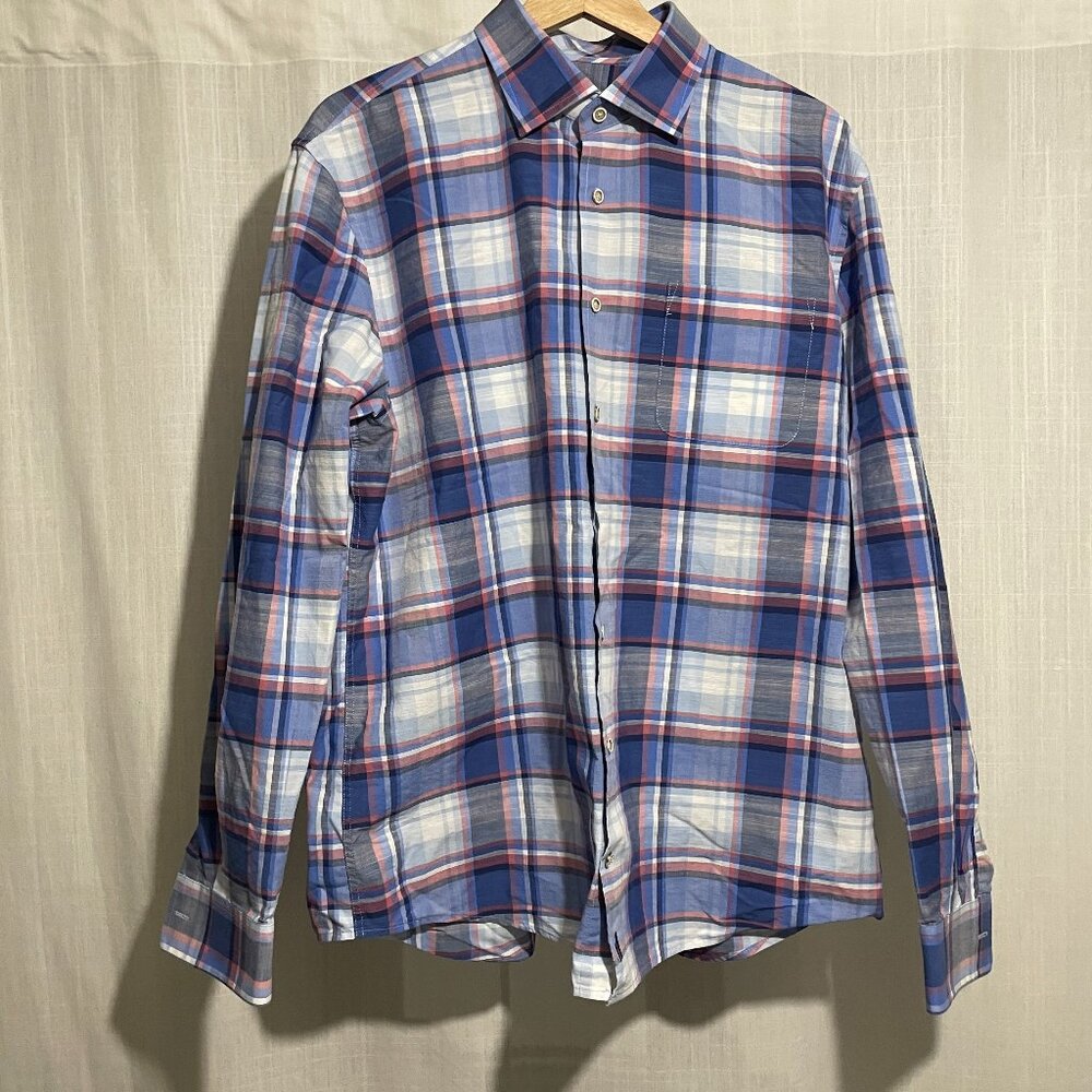 Johnnie-O, Hanging Out, blue plaid long sleeve button down shirt, Large